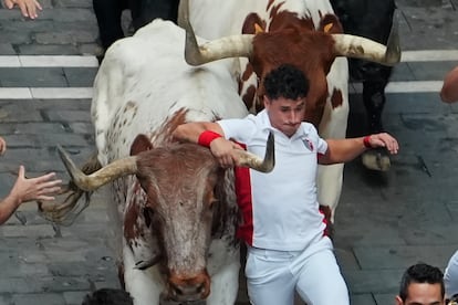 Un mozo corre entre dos cabestros a su paso por la calle de la Estafeta, este miércoles. 
