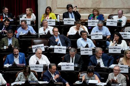 Diputados en el Congreso argentino protestan contra la ley ómnibus del presidente Milei, el pasado 2 de febrero.