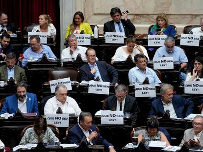 Diputados en el Congreso argentino protestan contra la ley ómnibus del presidente Milei, el pasado 2 de febrero.