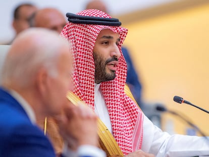 Saudi Crown Prince Mohamed bin Salman with U.S. President Joe Biden in Jeddah, Saudi Arabia, on July 16, 2022.