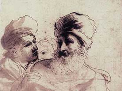 <i>Dos hombres discutiendo</i>, de Guercino, hacia 1650, pluma, tinta parda y aguada parda.
