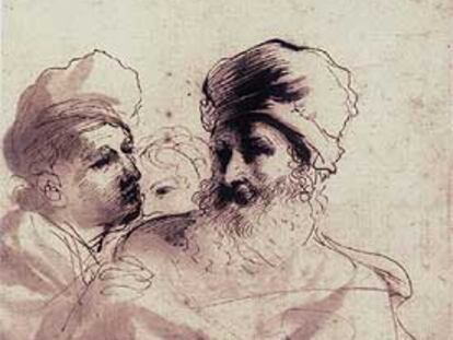 <i>Dos hombres discutiendo</i>, de Guercino, hacia 1650, pluma, tinta parda y aguada parda.