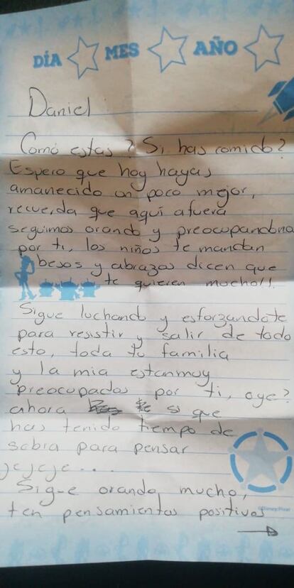 Una de las cartas que recibió Daniel Rodríguez en el hospital.