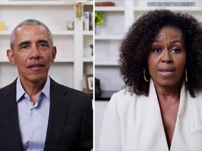 Barack y Michelle Obama dando un discurso a través de YouTube durante este año.