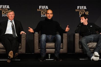 Ferguson, Guardiola y Messi, en la gala.