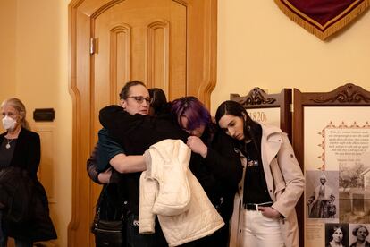 Members of the gallery that support transgender rights embrace after the decision is made on a bill that would ban gender-affirming care for minors