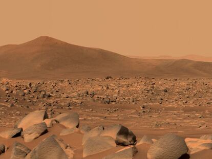 This NASA photo obtained May 12, 2021 shows NASA's Perseverance Mars rover using its dual-camera Mastcam-Z imager to capture this image of "Santa Cruz," a hill about 1.5 miles (2.5 kilometers) away from the rover, on April 29, 2021, the 68th Martian day, or sol, of the mission. - The entire scene is inside of Mars' Jezero Crater; the crater's rim can be seen on the horizon line beyond the hill. This scene is not white balanced; instead, it is displayed in a preliminary calibrated version of a natural-color composite, approximately simulating the colors of the scene as it would appear to a person on Mars. (Photo by Handout / various sources / AFP) / RESTRICTED TO EDITORIAL USE - MANDATORY CREDIT "AFP PHOTO / NASA/JPL-Caltech/MSSS/HANDOUT" - NO MARKETING - NO ADVERTISING CAMPAIGNS - DISTRIBUTED AS A SERVICE TO CLIENTS