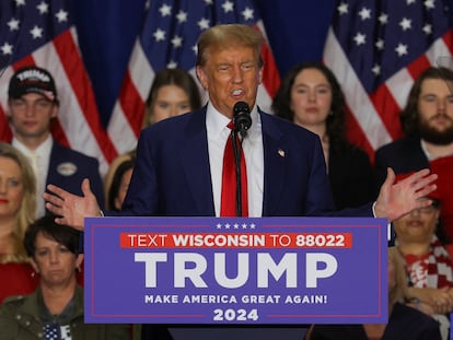 Donald Trump speaks during a campaign rally in Green Bay, Wisconsin, U.S., April 2, 2024.