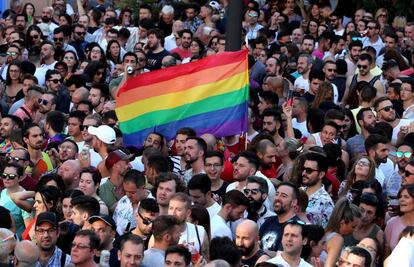 Pregon de las fiestas del Orgullo LGTBI en la plaza de Pedro Zerolo de Madrid.