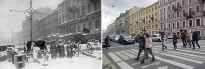 En este combo se ve la avenida Liteyniy Prospekt en San Petesburgo. A la izquierda, soldados en una barricada en una imagen tomada en febrero de 1917. A la derecha, gente cruzando la calle el 24 de octubre de 2017.