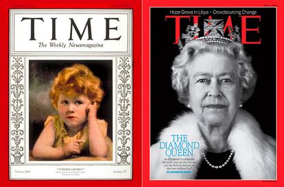 De los tres a los 86 años. Portadas de 1929 y 2012 de la revista TIME con Isabel II como protagonista. La de la izquierda, cuando aún era princesa, celebraba su tercer cumpleaños. La de la derecha, el Jubileo de Diamante, sus 60 años de reinado.