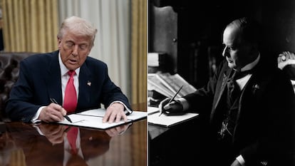 El presidente actual de Estados Unidos, Donald Trump, y el expresidente William McKinley, ambos firmando documentos sobre un escritorio. 