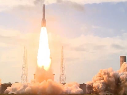 The Ariane 6 rocket during a test firing at the European spaceport in French Guiana.