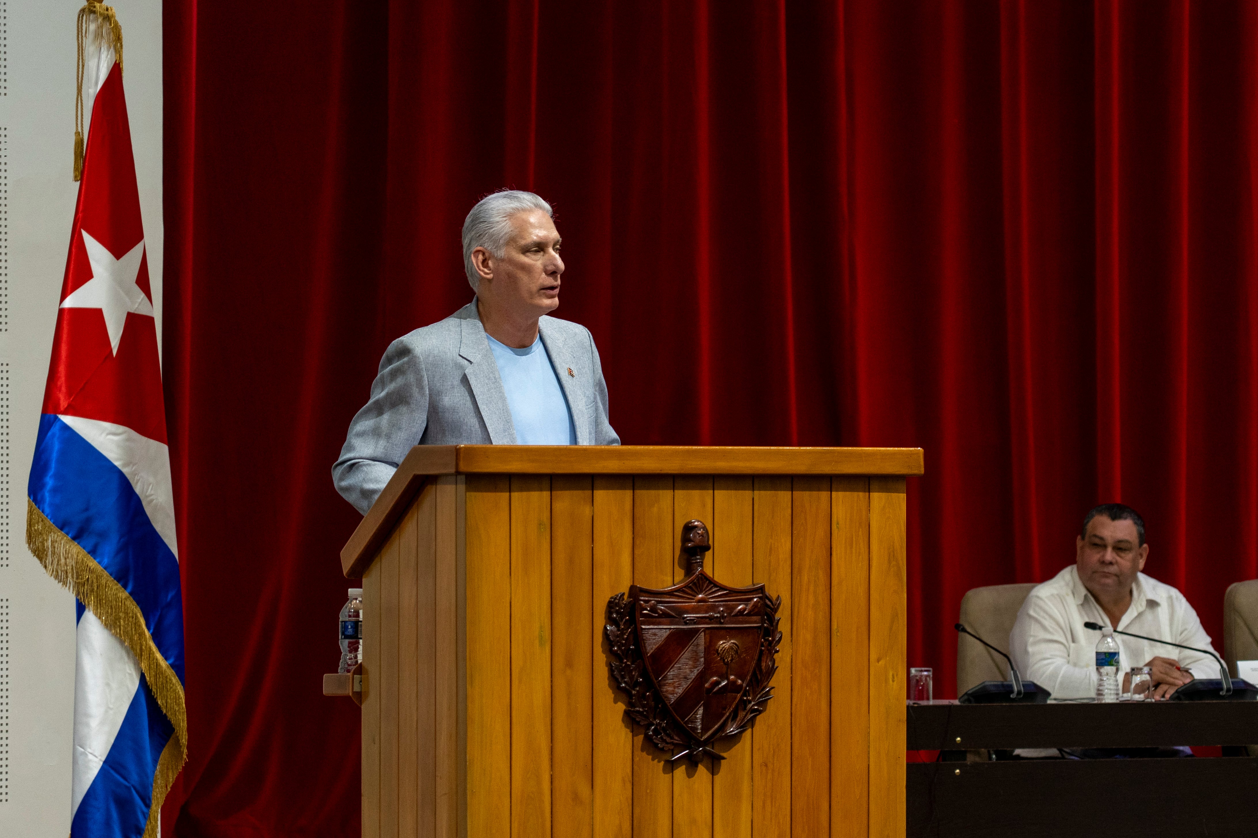 Miguel Díaz-Canel, presidende de Cuba, en evento con participantes del 'Convoy Nuestra América', este viernes.