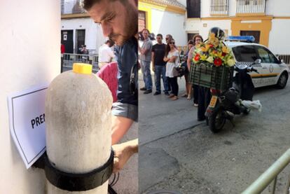 Dos estampas a las puertas de Dueñas: a la izquierda, los primeros carteles que señalan la zona donde se colocará la prensa; a la derecha, curiosos observan una motocicleta que llega al palacio cargada de flores.