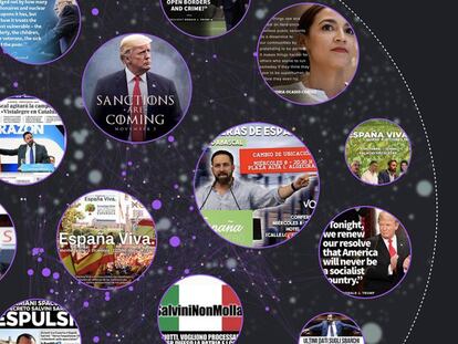 Selección de memes de las cuentas de Salvini, Trump, Ocasio-Cortez, Abascal y Sanders.