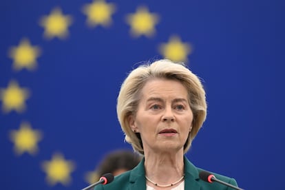 La presidenta de la Comisión Europea, Ursula von der Leyen, durante una intervención en el Parlamento Europeo, el 8 de julio.