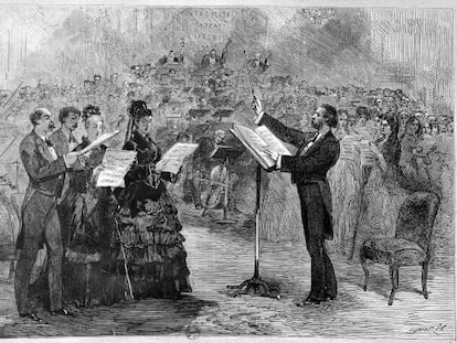 Grabado en el que aparece Verdi dirigiendo una misa en la &Oacute;pera C&oacute;mica de Par&iacute;s.