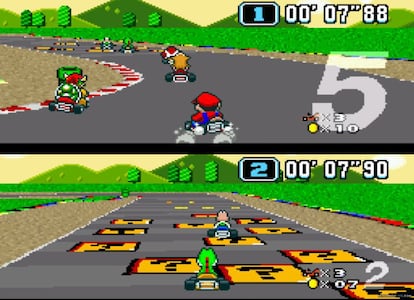 Una imagen del primer Mario kart, la versión de 1992 de Super Nintendo, que conseguía dar una gran sensación de velocidad gracias al Modo 7, una técnica gráfica de aquella consola.