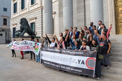 Diputados y representantes de organizaciones impulsoras de la ILP para la regularizacin de inmigrantes, el martes en el exterior del Congreso.