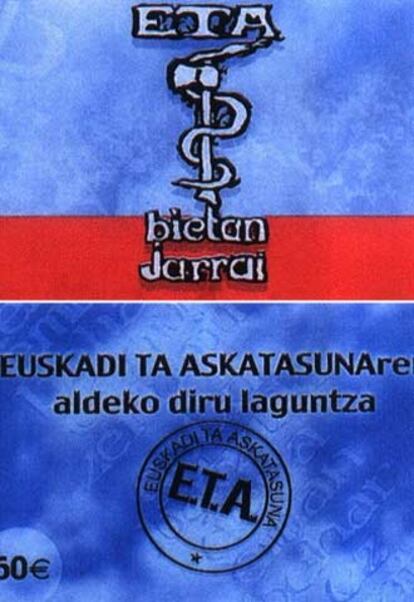 Anverso y reverso de los bonos de ETA reclamando ayuda económica.