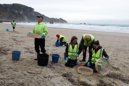 Operarios recogen 'pellets' de plástico en la playa asturiana de Aguilar, en Muros de Nalón, este martes. 