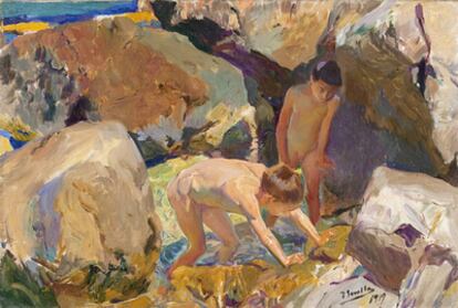 Cuadro titulado <i>Niños buscando mariscos</i> de Joaquín Sorolla. Imágen del proceso de digitalización de la colección de la Fundación Banco Santander.