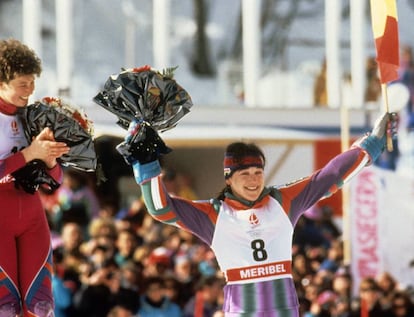 On the podium after taking bronze in the slalom race at Albertville.