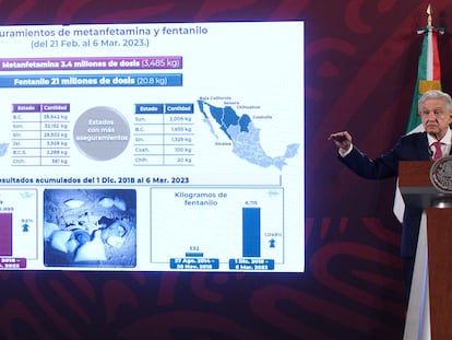 Andrés Manuel López Obrador presenta datos sobre aseguramientos de metanfetamina y fentanilo en México, durante una de sus conferencias matutinas.