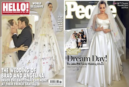 En agosto de 2014, Angelina Jolie y Brad Pitt sorprendían al mundo con su boda secreta. Tras una década de relación, la pareja de actores se casaba en su finca de Francia. Al enlace acudieron unos pocos invitados, y los seis hijos de la pareja de actores hicieron dibujo en el velo de la intérprete. La familia vendió la exclusiva a un par de revistas, dinero que donaron a causas benéficas.