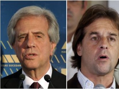 Los candidatos uruguatos: a la izquierda, Pedro Bordaberry, del Partido Colorado; Tabare Vazquez, del Frente Amplio y Luis Lacalle Pou, del Partido Nacional