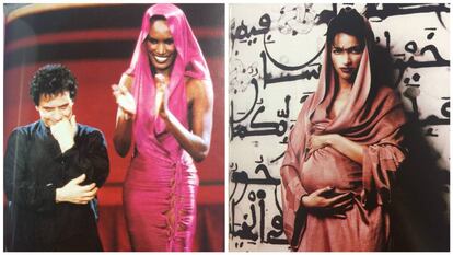 A la dcha. Azzedine Alaïa con Grace Jones y el vestido que le diseño para la gala de los Oscars de 1985. A la dcha. el diseño premamá de Alaïa para su amiga Farida. Imágenes incluídas en el libro 'Alaïa', de François Baudut (Assouline).