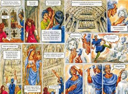 Dos páginas del cómic <b><i>Raíces de piedra</b></i> en las versiones en euskera y castellano.