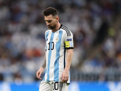 LUSAIL CITY, QATAR - DECEMBER 09: Lionel Messi of Argentina  during the FIFA World Cup Qatar 2022 quarter final match between Netherlands and Argentina at Lusail Stadium on December 09, 2022 in Lusail City, Qatar. (Photo by Catherine Ivill/Getty Images)