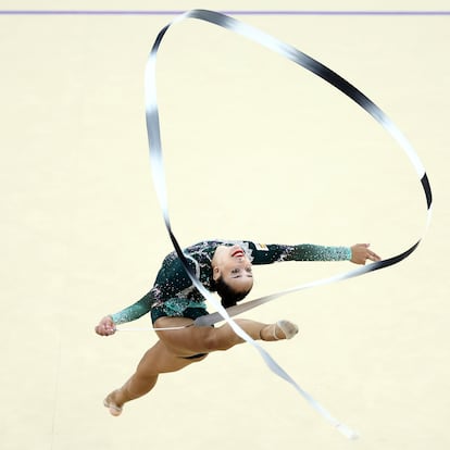PARIS, FRANCE - AUGUST 08: Alba Bautista of Team Spain competes during the Rhythmic Gymnastics Individual All-Around Qualification on day thirteen of the Olympic Games Paris 2024 at Porte de La Chapelle Arena on August 08, 2024 in Paris, France. (Photo by Naomi Baker/Getty Images)