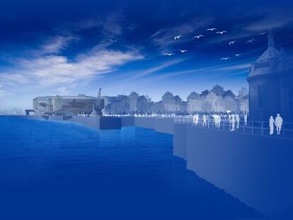 A virtual rendering of the Bay of Santander, with the future Centro Bot&iacute;n in the background. 