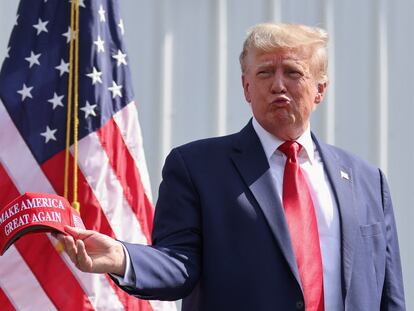 Donald Trump attends a 2024 presidential election campaign event at Sportsman Boats in Summerville, South Carolina, on Sept. 25, 2023.