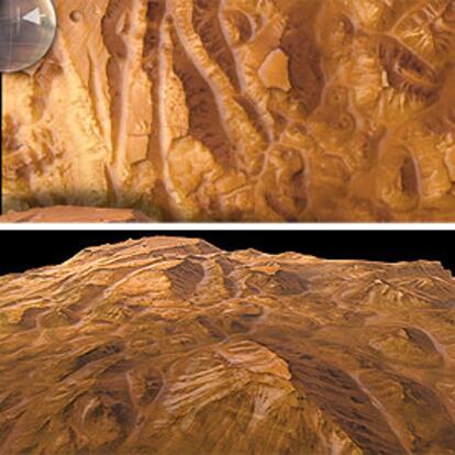 Imagen en tres dimensiones de Marte tomada por <i>Mars Express</i> y reconstrucción en perspectiva (abajo).