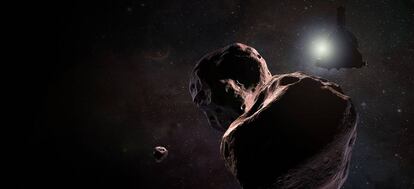 Reconstrução da sonda ‘New Horizons’ sobrevoando Ultima Thule.