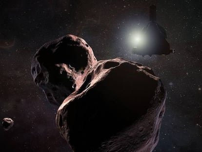 Reconstrução da sonda ‘New Horizons’ sobrevoando Ultima Thule.