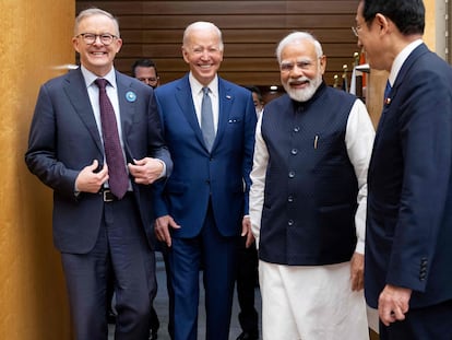 El primer ministro australiano, Anthony Albanese; el presidente de EE UU, Joe Biden; el jefe de Gobierno indio, Narendra Modi, y su homólogo japonés, Fumio Kishida, a su llegada a la cumbre del Quad.