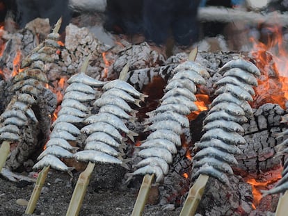 Popular barbecue with espetos de sardinas at grill, typical spanish food