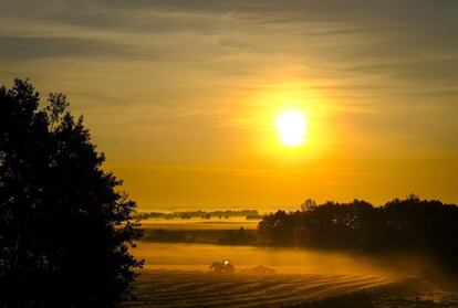 Un tractor al amanecer, en los campos de Cremona, Alberta (EE UU).