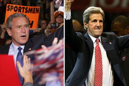 El presidente George W. Bush, en un mitin de cierre de campaña en Iowa. A la derecha, John Kerry saluda a sus seguidores en Detroit.