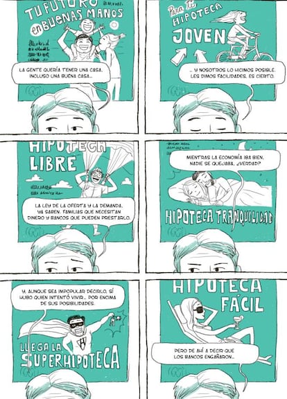 En las viñetas de 'Aquí vivió' se pueden ver planos de pisos, de ciudades, hojas de cuaderno, gran variedad de representaciones en los que utilizan todos los recursos para mostrar la situación. En este caso, los carteles de una sucursal bancaria dicen más que el propio director que está hablando.