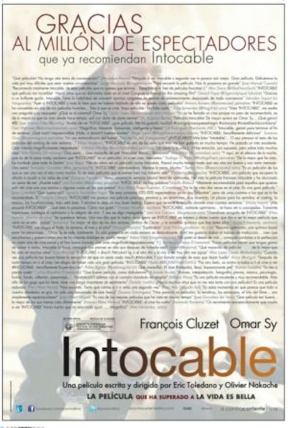 Cartel de 'Intocable' creado con 'tuits' positivos sobre la película.