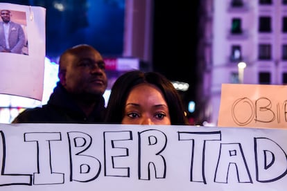 Protesta en Madrid contra el dictador ecuatoguineano Teodoro Obiang Nguema, en 2019.