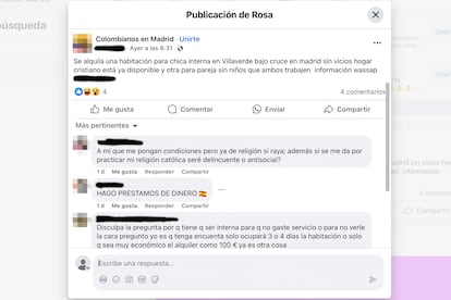 Anuncio en un grupo de Facebook donde se ofrece una habitación para mujeres que trabajen como internas.