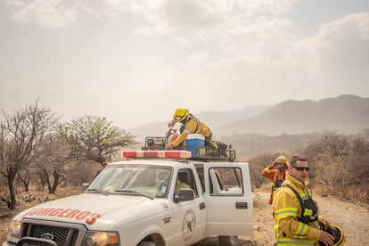 Un grupo de bomberos se adentran en una de las zonas más afectadas de la región. La provincia de Córdoba reporta casi 50.000 hectáreas incendiadas desde principios de año en medio de altas temperaturas y fuertes vientos.