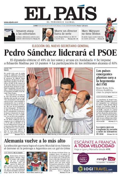 Pedro Sánchez se convirtió en secretario general del PSOE con un 49% de votos de los militantes, que participaron, por vez primera en la historia del partido, en esta elección. Su triunfo fue arrasador entre la militancia andaluza del partido.<p> <b>Noticia</b>: <a href="http://politica.elpais.com/politica/2014/07/13/actualidad/1405256248_349096.html" target="blank">Sánchez promete la victoria al PSOE</a>